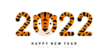 Happy Chinese New Year 2022. Cartoon tiger face and striped numbers for poster, brochure, banner, invitation card. Vector illustration.のイラスト素材