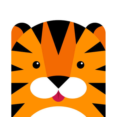 Cute simple tiger portrait, kids drawing flat style. Vector illustration. Safari jungle animal. Symbol for Happy Chinese New Year 2022 isolated on white backgroundのイラスト素材