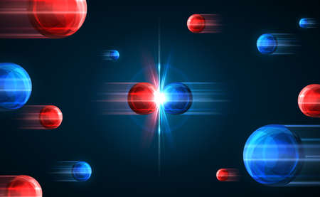 Frozen moment of red and blue particles collision. Vector illustration. Atom explosion concept....