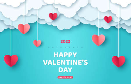 Poster or banner with blue sky and paper cut clouds. Place for text. Happy Valentines day sale header or voucher template with hanging hearts.のイラスト素材