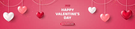 Happy Saint Valentines day card, hanging pink, white and red hearts on rose background. Place for text. Holiday sale, long banner header or voucher template. Love greeting creative conceptのイラスト素材
