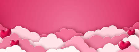 Happy Valentines day blank background, beautiful paper cut clouds with 3d red hearts on pink background. Vector illustration. Papercut style. Place for textのイラスト素材