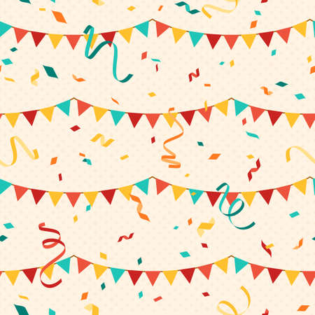 Colorful bunting and falling confetti on beige background, seamless carnival pattern. Vector illustration. Carnaval print ornament, streamers and hanging flag garlandsのイラスト素材