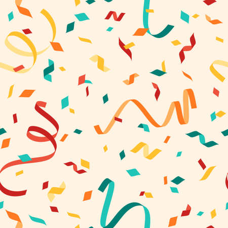 Colorful falling confetti on beige background, seamless carnival pattern. Vector illustration. Carnaval print ornament, yellow, red blue streamersのイラスト素材