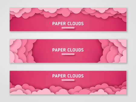 Pink romantic clouds, paper cut horizontal banners set. Cloudy rose sky, vector illustration. Cloudscape border frame. Place for text. Happy Valentines day header, dream fantasy paperartのイラスト素材