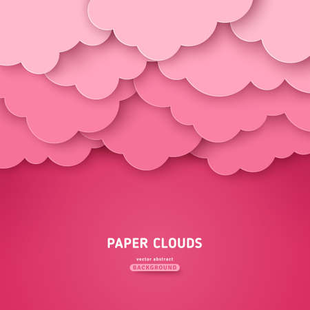 Beautiful paper rose clouds on pink background. Vector illustration. Papercut art. Place for text. Happy Valentines day backdrop, baby girl wallpaper. Romantic brochure layout templateのイラスト素材