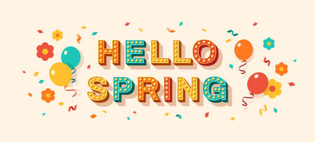 Hello spring quote, card or banner with typography design. Vector illustration, retro light bulbs font, party streamers, flowers, confetti and flying balloons. Sale poster, hi text messageのイラスト素材