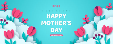 Horizontal banner with sky, flowers and paper cut clouds. Place for text. Happy Mother's day sale header or voucher template with tulips. Vector illustration, spring border frame, promo card.のイラスト素材