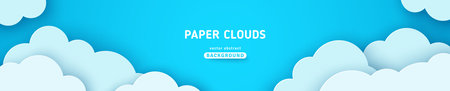 Beautiful fluffy clouds on blue sky background. vector illustration. paper cut style. Place for text. Summer day paperart long banner header. Spring morning cloudy conceptのイラスト素材