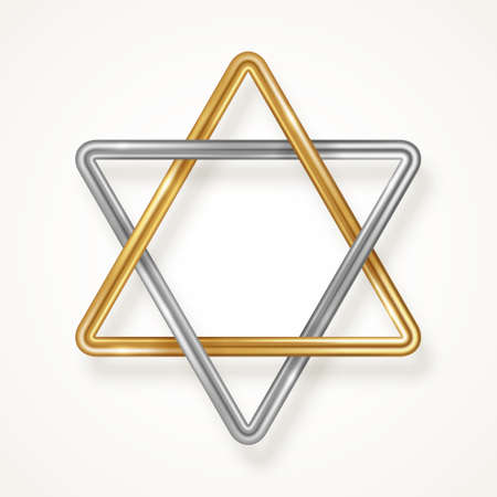 Star of David concept poster, typography template. 3d gold silver icon, Jewish symbol. Vector illustration isolated on white. Place for text. Israel anniversary holiday, Independence Dayのイラスト素材