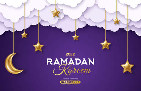 Ramadan Kareem Horizontal Sale Header or Voucher Template with Gold Moon, 3d Paper cut Clouds and Stars on Night Sky Violet Background. Vector illustration. Place for Text.のイラスト素材