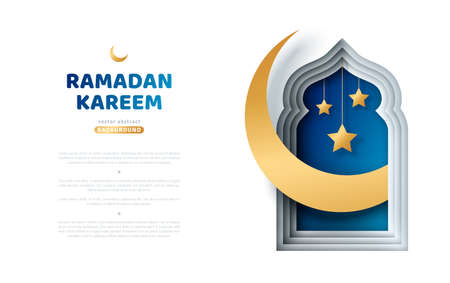 Ramadan Kareem greeting card. Paper cut crescent moon in mosque window with stars. Arabian night Voucher Template, place for text. Vector illustration.のイラスト素材