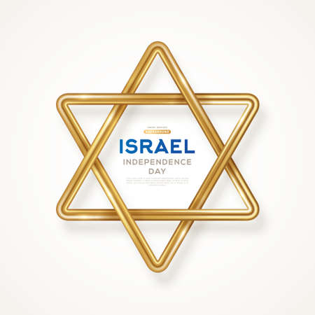Star of David concept poster, typography template. 3d gold icon. Jewish symbol modern style. Vector illustration isolated on white. Place for text. Israel anniversary holiday, Independence Dayのイラスト素材