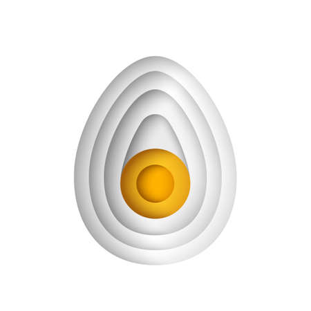 Paper cut egg with yellow yolk, 3d icon. Vector illustration. Breakfast menu modern minimal design. Happy Easter creative conceptのイラスト素材