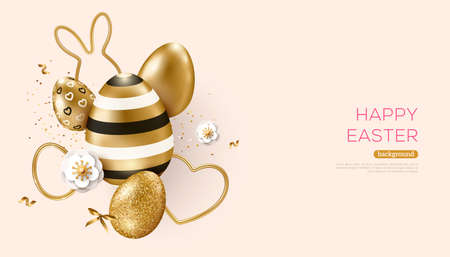 Happy Easter golden eggs, 3d gold hearts and rabbit on bright background. Vector illustration. Place for text. Spring flowers and confetti. Gift card voucher template, modern poster, creative bannerのイラスト素材