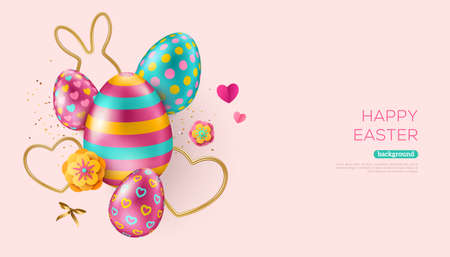 Happy Easter eggs with 3d gold hearts and rabbit on pink background. Vector illustration. Place for text. Golden metal shape and paper cut spring flowers. Gift card voucher template, poster, bannerのイラスト素材