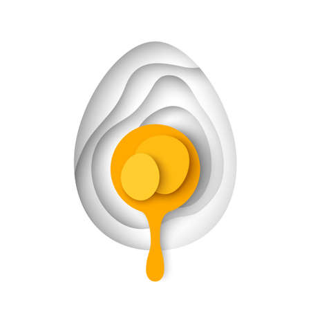 Paper cut egg with yellow yolk, 3d icon. Vector illustration. Breakfast menu modern minimal design. Happy Easter creative conceptのイラスト素材