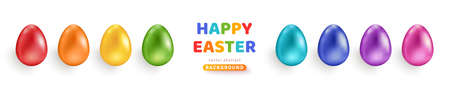 Happy Easter colored eggs set, 3d rainbow gradient realistic icons isolated on white background. Vector illustration. Concept header pattern, place for text, spring fun fairのイラスト素材