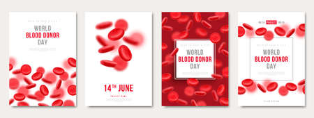 World donor day set of posters or flyers, charity medical design with 3d red cells. Vector illustration. Place for text. Blood Donation save life, hospital background. Anemia hemophilia cardsのイラスト素材