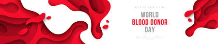 Medical concept header or banner with red abstract paper cut shapes and drops. 14 June World blood donor day. Place for text. Vector illustration. Donation save life. Anemia hemophilia templateのイラスト素材