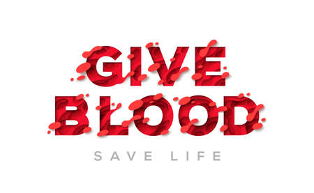 Typography poster for World donor day. Vector illustration. Give blood and save life, hospital assistance donate campaign. Typographic design, abstract paper cut red shapes and drops. Volunteer signのイラスト素材