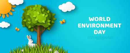 World Environment day header. Beautiful fluffy cloud, blue sky background, summer sun, butterfly, green grass lawn, paper cut tree. Vector illustration. Eco friendly banner design, ecosystem conceptのイラスト素材