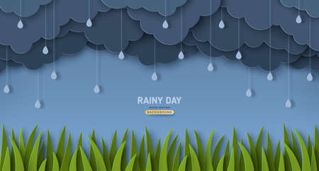 Overcast sky, green grass lawn in paper cut style, landscape border. Vector illustration. Rainy day concept with dark clouds. Place for text.のイラスト素材