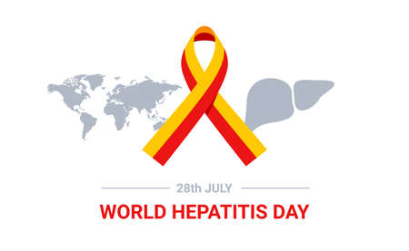 World hepatitis day poster, liver icon isolated on white background and map. Vector illustration. Hepatic awareness ribbon. Medical flyer, brochure or cardのイラスト素材