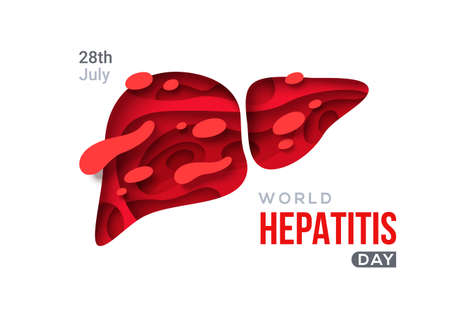 World hepatitis day poster, paper cut 3d red liver icon. Vector illustration. Hepatic desease, cancer and cirrhosis abstract concept graphic.のイラスト素材