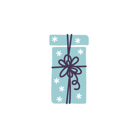 Blue doodle gift box icon, colorful silhouette with bow ribbon isolated on white background. Wrapping paper pattern, kids drawing sketch style. Birthday present package Merry Christmas drawingのイラスト素材