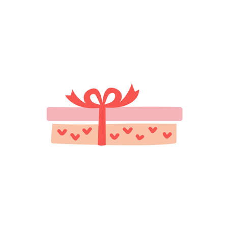 Pink doodle gift box icon, colorful silhouette with bow ribbon isolated on white background. Wrapping paper pattern, kids drawing sketch style. Birthday present package Merry Christmas drawingのイラスト素材