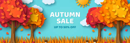 Autumn countryside landscape with yellow, red trees in paper cut 3d style. Vector illustration. Place for text. Border frame, Thanksgiving sale promo card. Fall scene, october field with mushroomsのイラスト素材