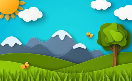 Green nature landscape scenery poster in paper cut style. vector illustration. Spring day, summer poster, clouds, tree, snowy mountain, butterfly. Outdoor modern cartoon concept, children designのイラスト素材
