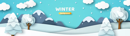 Winter landscape scenery poster paper cut style. vector illustration. Merry Christmas scene poster, pine tree, snowy mountain, snowdrift. Happy New Year 2023 papercut concept, header bannerのイラスト素材