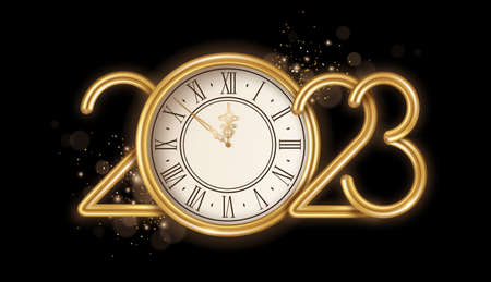 Gold Happy New Year 2023 with clock face and burst glitter sparkles on black background. vector illustration. Merry Christmas template design for posters, flyers, brochures or vouchersのイラスト素材
