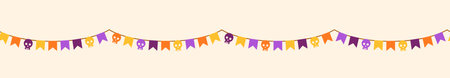 Halloween color retro buntings garlands isolated on white background. Vector illustration. Seamless spooky banner, orange fiesta border, violet carnival holiday header with paper skullsのイラスト素材