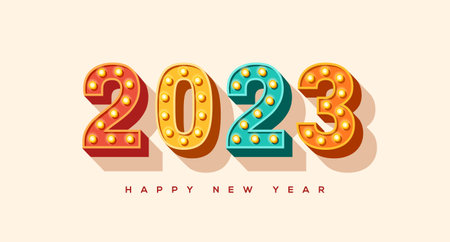 2023 Merry Christmas and Happy New Year retro logo, card banner with typography design. Vector illustration. Numbers of light bulbs font. Minimal invitation flyer, brochure voucher template.のイラスト素材
