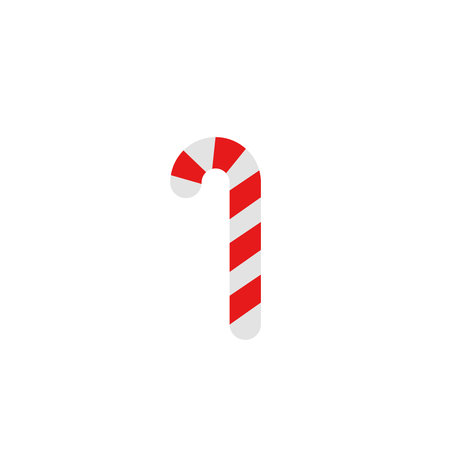 Merry Christmas flat candy cane isolated on white background. Vector illustration. Xmas sweet candycane icon for poster, banner, holiday gift red pattern. Happy New Year lollipop symbol designのイラスト素材