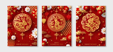Posters Set 2023 Chinese New Year. Hieroglyph translation Lunar Rabbit. Vector illustration. Asian Clouds, China Lantern, 3d Paper cut Flowers on Red Background. Place for Text. Gold Pattern Cardのイラスト素材