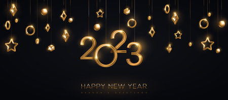 Happy New Year 2023 Header Banner, 3d Logo Greeting Card Gold Numbers, Border Frame on Black Background. Vector Illustration. Merry Christmas Flyer Poster Design, Holiday brochure voucher template.のイラスト素材