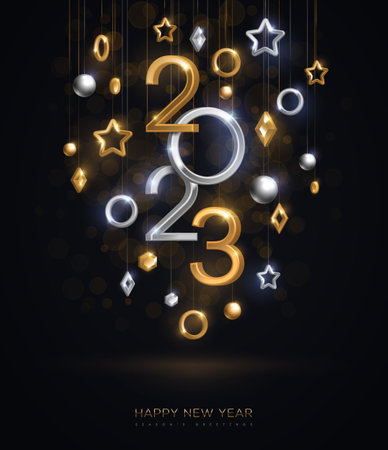 Christmas New Year poster template, hanging gold and silver 3d baubles, 2023 numbers on black background. Vector illustration. Winter holiday elegant decor, brochure voucher layout, place for textのイラスト素材
