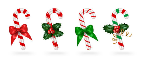 Candy cane 3d icon set with green red ribbon and holly berry sprig decoration. Vector illustration. Merry Christmas Happy New Year candycane sweets, santa gift. Element for holiday poster flyer cardのイラスト素材
