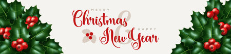 Merry Christmas and Happy New Year 2023 Banner Header with Holly Ilex Branches on White Background. Vector illustration. Winter floral holiday design, poster, flyer, voucher. Mistletoe berries leavesのイラスト素材