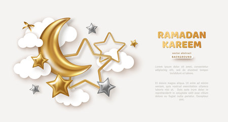 Ramadan Kareem Sale Header or Banner Template with Gold Moon, Paper Clouds and Stars on Light Background. Vector illustration. Place for Text. Ramadhan greeting card, poster, crescent pattern borderのイラスト素材