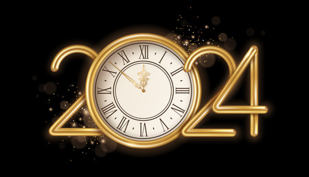 Gold Happy New Year 2024 logo with clock face and burst glitter sparkles on black background. Vector illustration. Merry Christmas template design for posters, flyers, brochures or vouchersのイラスト素材