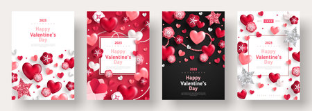 Valentines day concept posters set. Vector illustration. 3d red and pink paper hearts with frame, rose flowers background. Cute love sale banner, voucher template, greeting card. Place for text.のイラスト素材