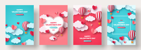Valentin day concept posters set. Vector illustration. Paper hearts, clouds, flying hot air balloon, blue romantic background. Cute love sale banner, voucher template, greeting card. Place for text.のイラスト素材