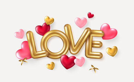 Valentines day concept poster. Vector illustration. Gold text, love font logo. 3d pink red hearts, golden ribbon isolated on white background. Cute banner, mother day voucher greeting cardのイラスト素材