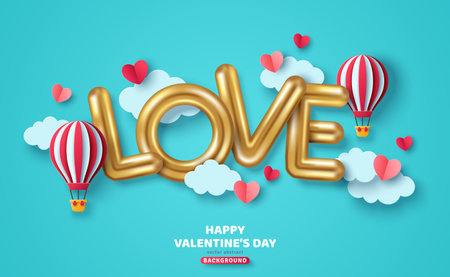 Valentin day concept poster. Vector illustration. Gold love font logo. Paper hearts, clouds, flying hot air balloon icons, blue romantic background. Cute banner, mother day voucher greeting cardのイラスト素材
