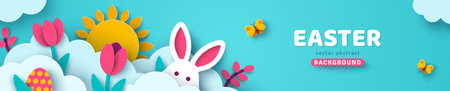 Happy Easter card, bunny rabbit, sun, eggs flowers and butterfly in white clouds, spring border frame. Modern concept background. Vector illustration. Place for text. Hare head, paper cut header.のイラスト素材
